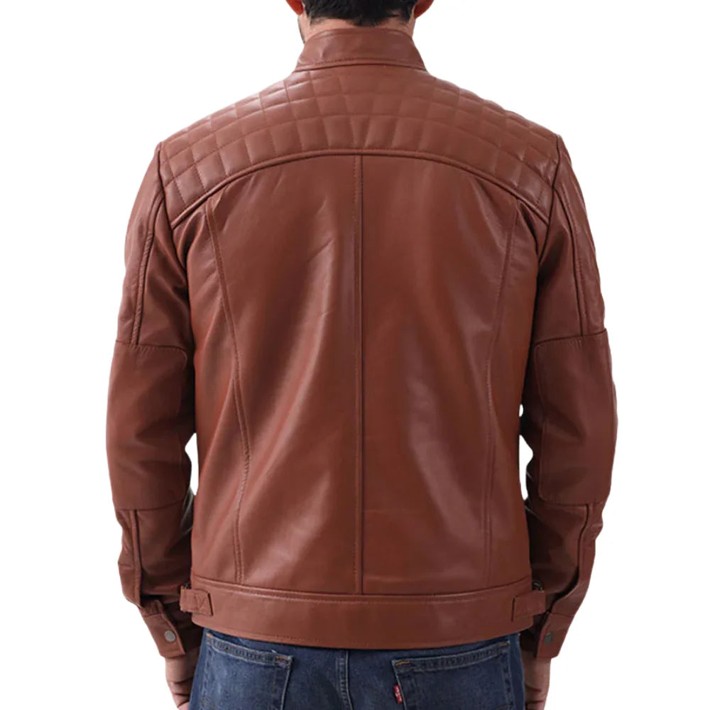 Men's Cognac Brown Real Lambskin Biker Leather Jacket with Quilted Shoulders