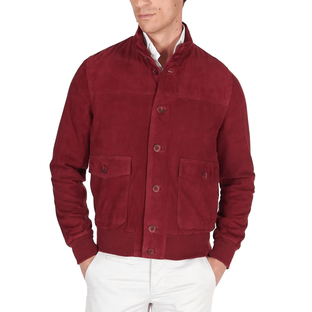 High Neck Red Suede Leather Bomber Jacket