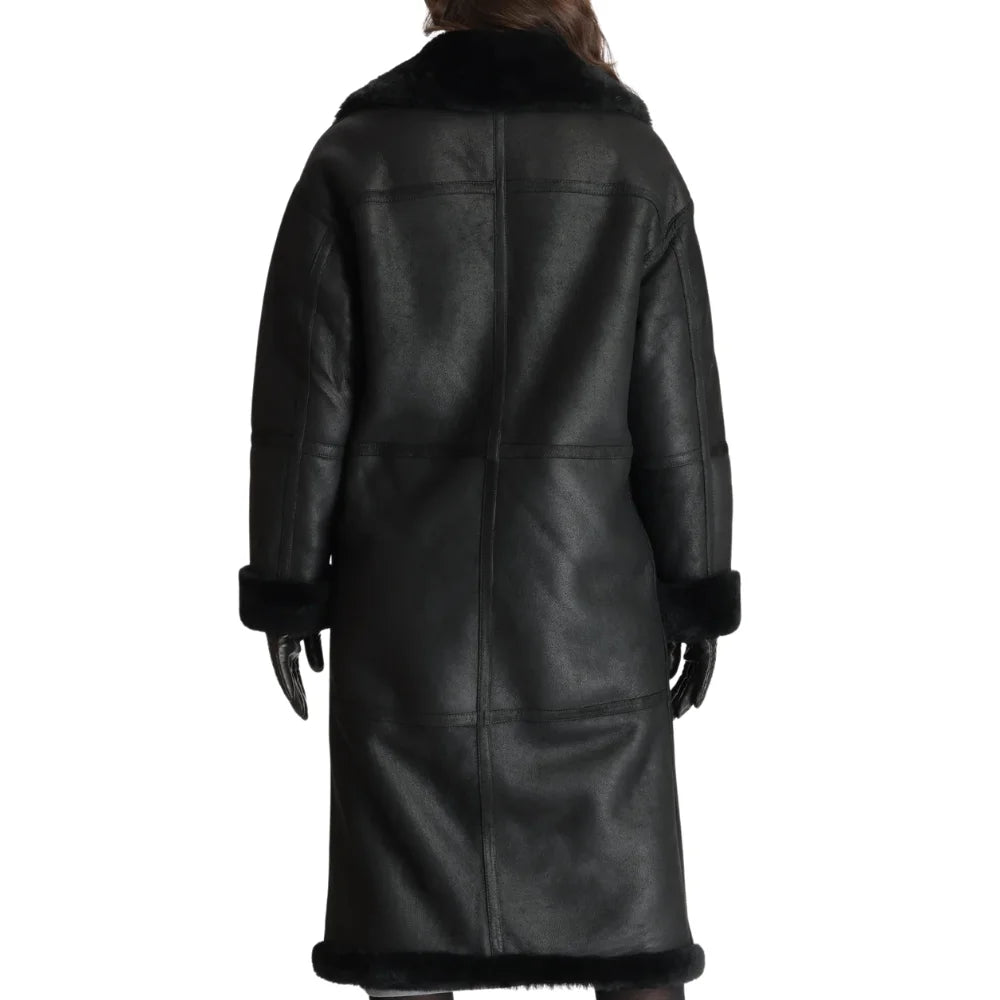 Women’s Full-Length Black Shearling Leather Coat – Ultimate Winter Warmth