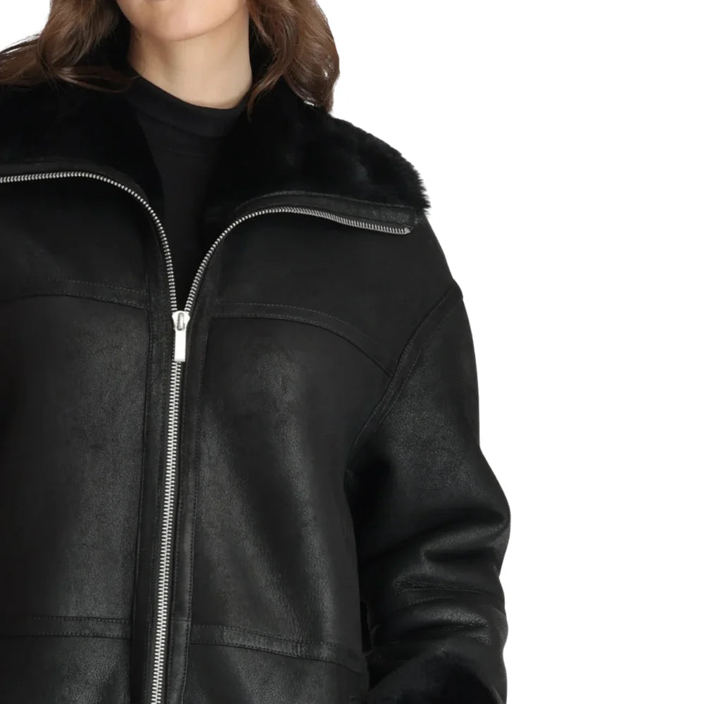 Women’s Full-Length Black Shearling Leather Coat – Ultimate Winter Warmth