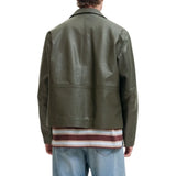 Men's Shirt Collar Olive Green Leather Jacket