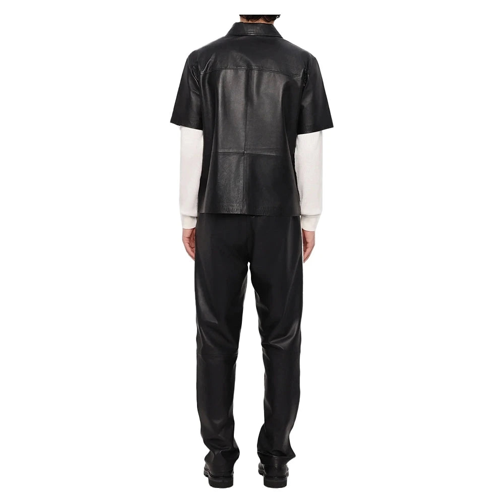 Lightweight Half Sleeves Black Leather Mens Shirt Jaket