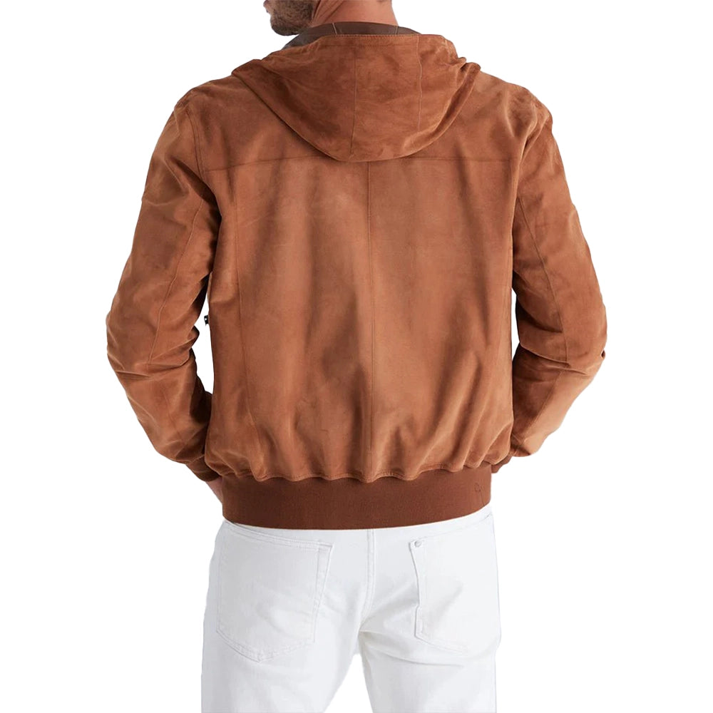 Back View of Brown Hooded Leather Jacket