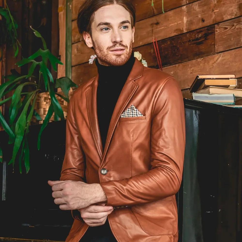Mens Two Button Tan Natural Leather Blazer Jacket
