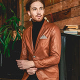 Mens Two Button Tan Natural Leather Blazer Jacket