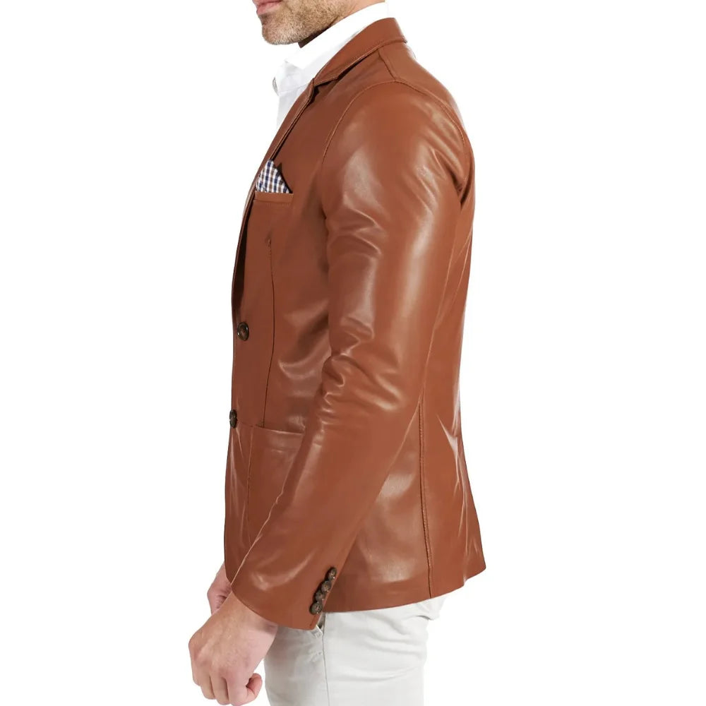 Mens Brown Two Button Tan Natural Leather Blazer Jacket - Side View