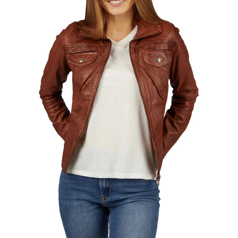 Slim Fit Brown Genuine Leather Jacket Womens