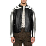 Men's Black and White Leather jacket with Grey Detailing