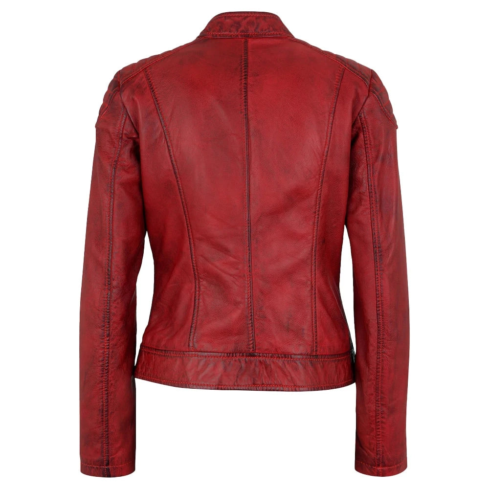 Merlot Apple Red Leather Moto Jacket Womens