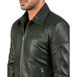 Mens' Green Shirt Collar Real Leather Biker Jacket