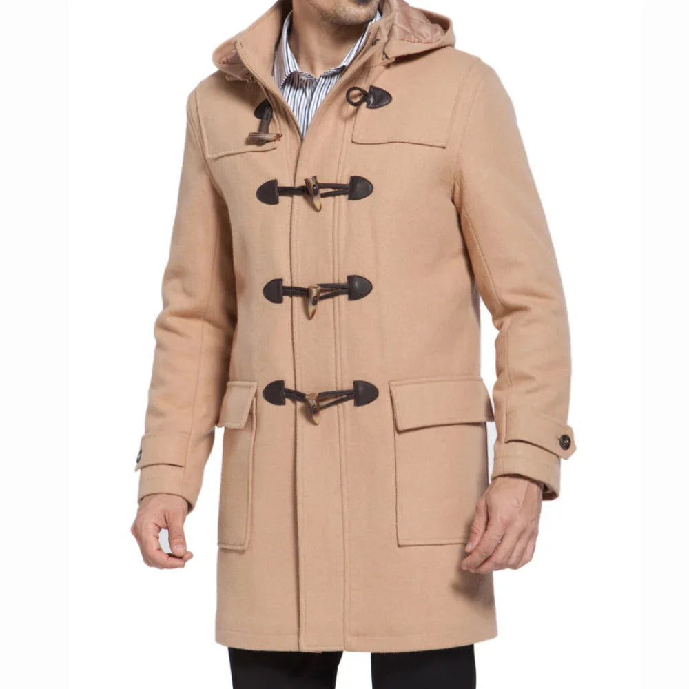 Men’s Camel Hooded Duffle Coat with Toggle Closures