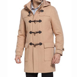 Men’s Camel Hooded Duffle Coat with Toggle Closures