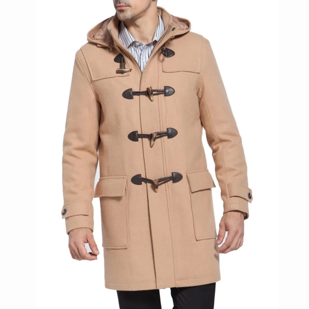 Men’s Camel Hooded Duffle Coat with Toggle Closures