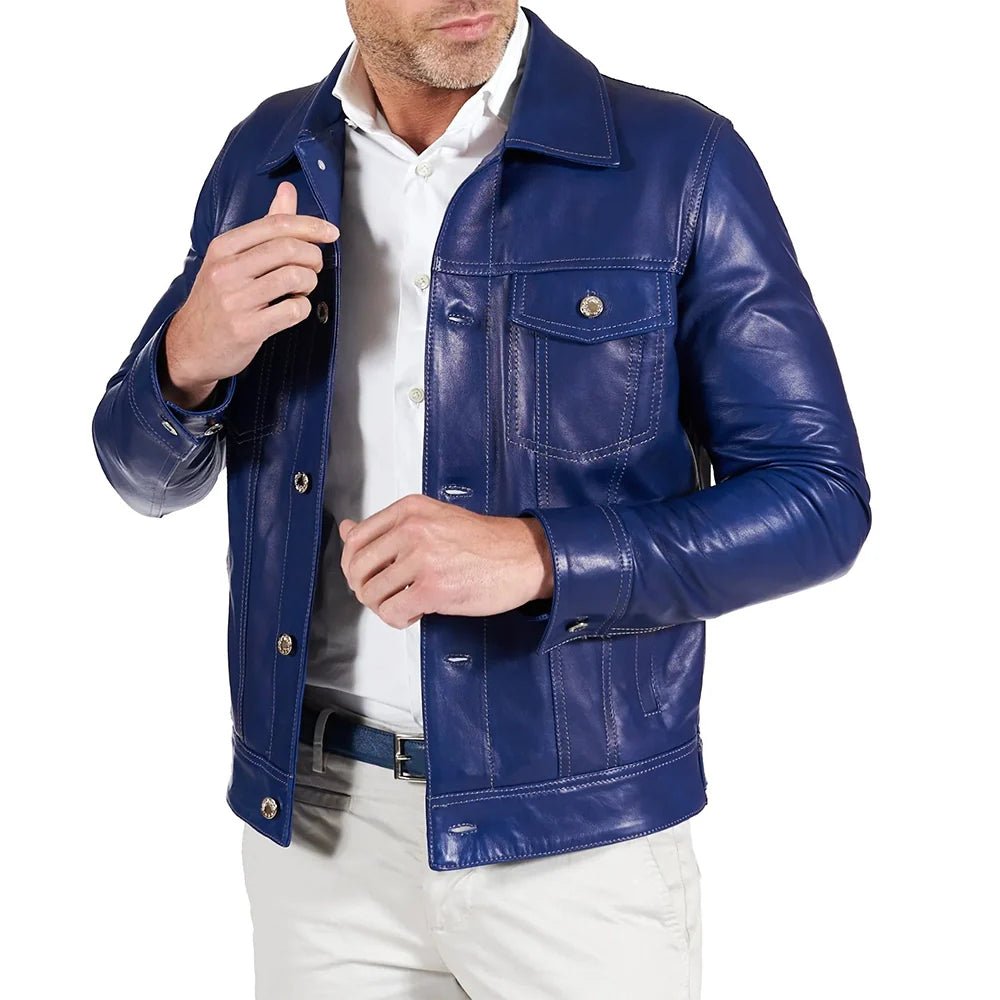 Real Shirt Collar Blue Leather Jacket Mens