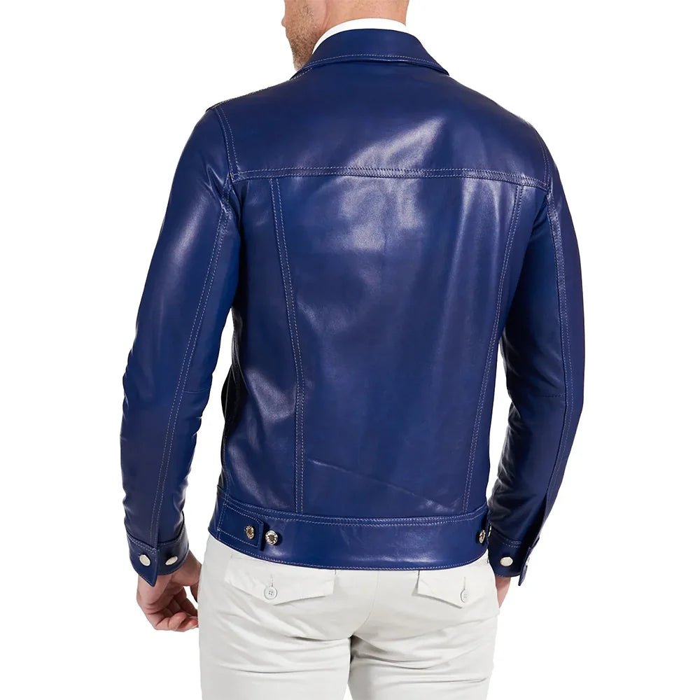 Real Lambskin Shirt Collar Blue Leather Jacket