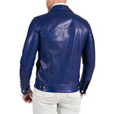Real Lambskin Shirt Collar Blue Leather Jacket