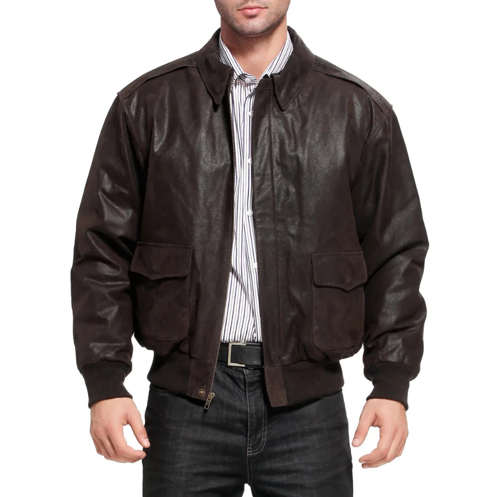 Men's Distressed Brown Leather A2 Bomber Jacket - Front View