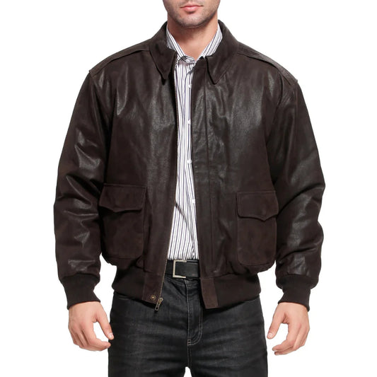 Men's Distressed Brown Leather A2 Bomber Jacket - Front View