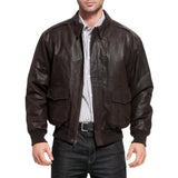 Men's Distressed Brown Leather A2 Bomber Jacket - Front View