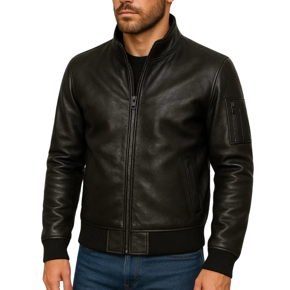 Men's Black Cowhide Leather Bomber Jacket