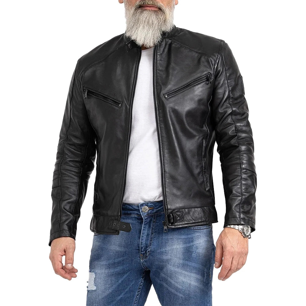 Men's Vintage Slim Fit Black Motorcycle Jacket Leather - Front View