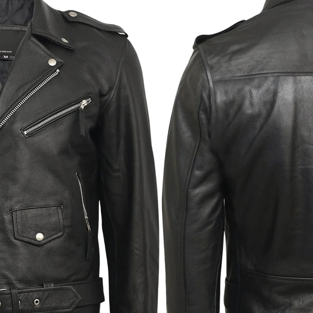 Mens Genuine Leather Biker Jacket Cowhide
