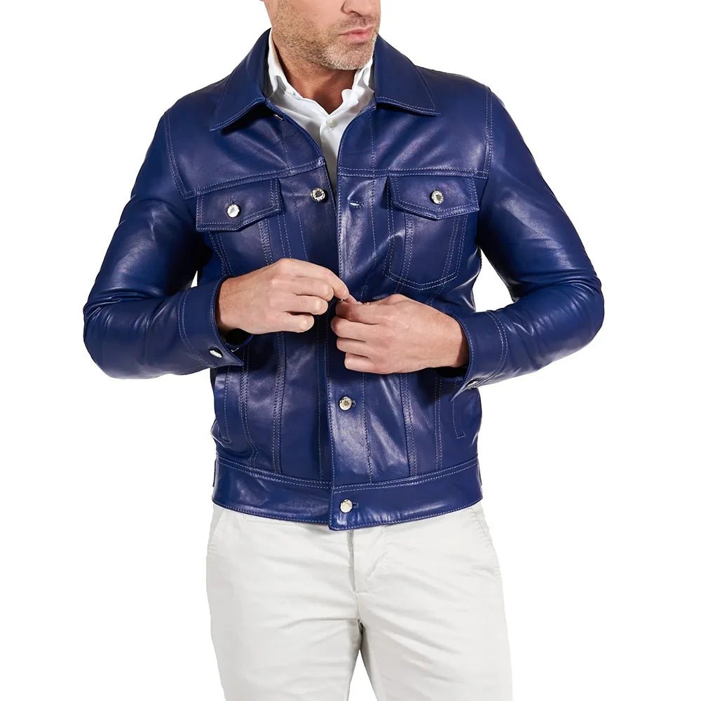 Real Lambskin Blue Leather Jacket Mens