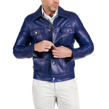 Real Lambskin Blue Leather Jacket Mens
