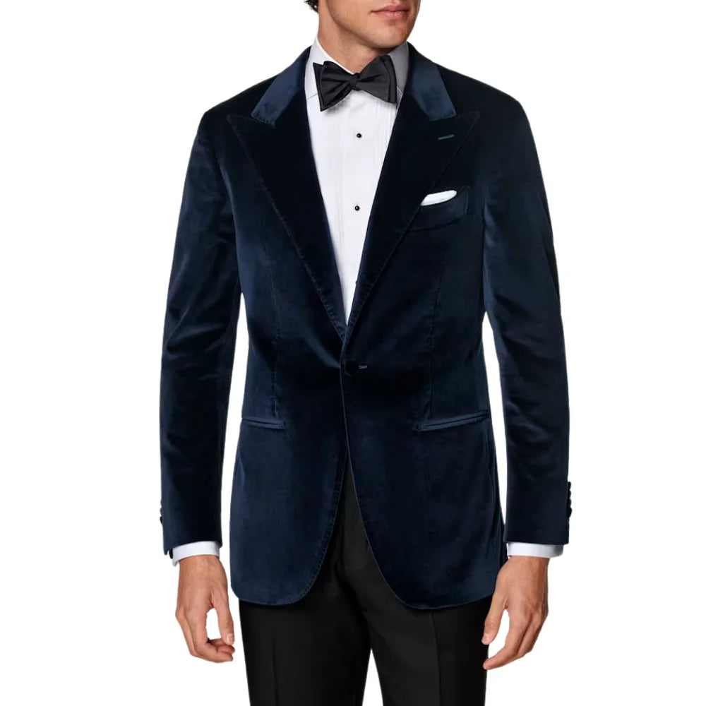 Men’s Navy Blue Velvet Dinner Jacket – Classic Formal Tuxedo Blazer