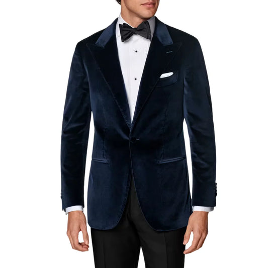 Men’s Navy Blue Velvet Dinner Jacket – Classic Formal Tuxedo Blazer