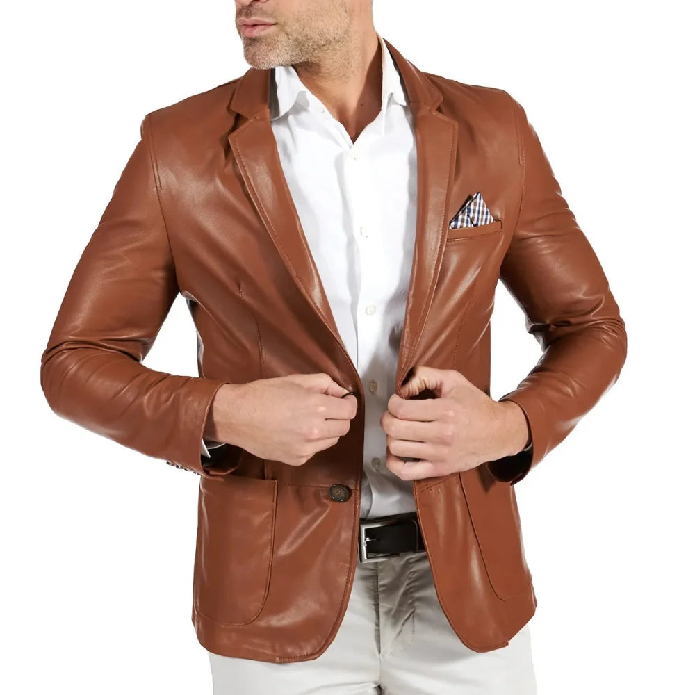 Mens Brown Two Button Tan Natural Leather Blazer Jacket - Front View