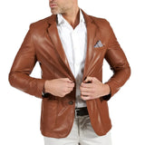 Mens Brown Two Button Tan Natural Leather Blazer Jacket - Front View