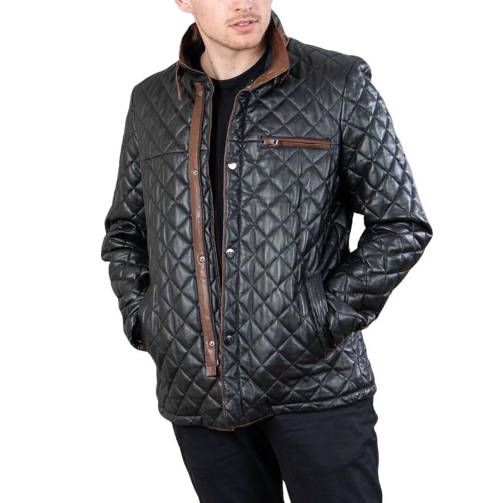 Mens Black Quilted Leather Car Coat