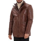 Men’s Bison Brown Lambskin Leather Jacket with Removable Inner Collar