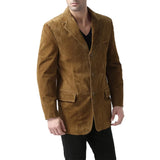Slim Fit Notch Lapel Camel Brown Suede Leather Blazer Mens