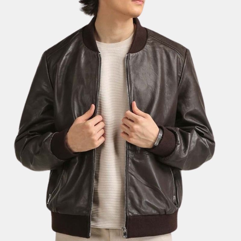 Men's Bomber Chocolate Brown Leather Biker Jacket