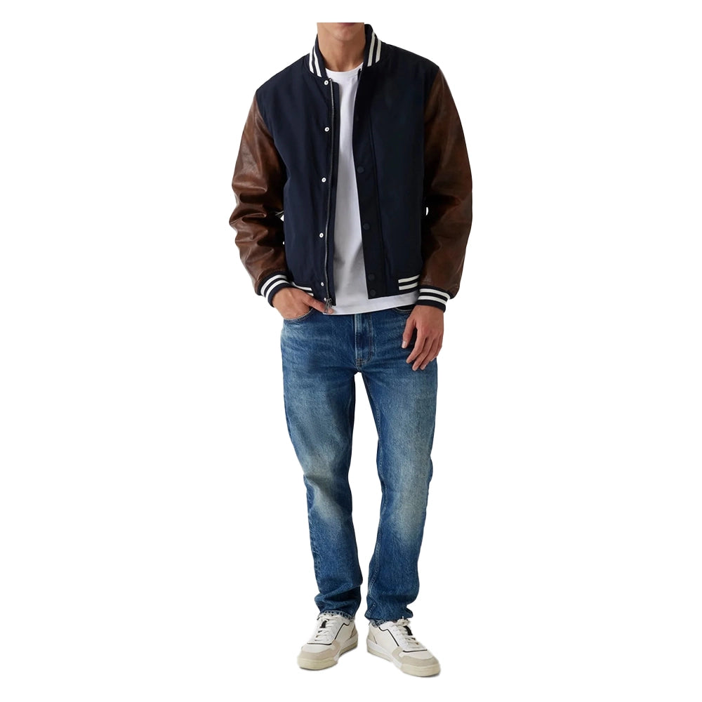 Mens Wool Navy Varsity Jacket with Leather Sleeves
