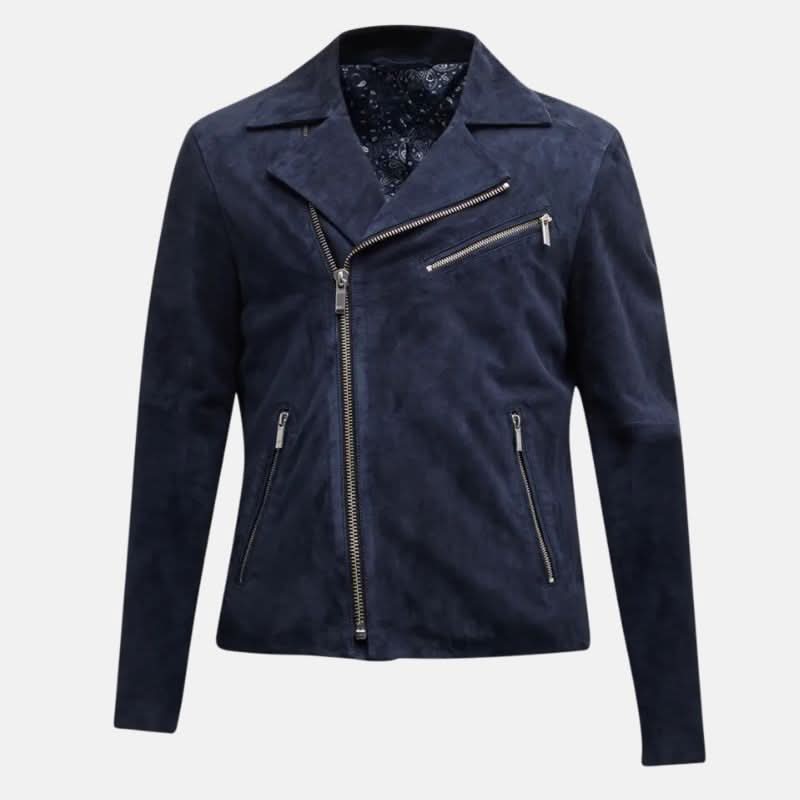 Men's Dark Blue Suede Asymmetrical Moto Jacket