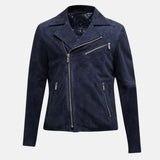 Men's Dark Blue Suede Asymmetrical Moto Jacket