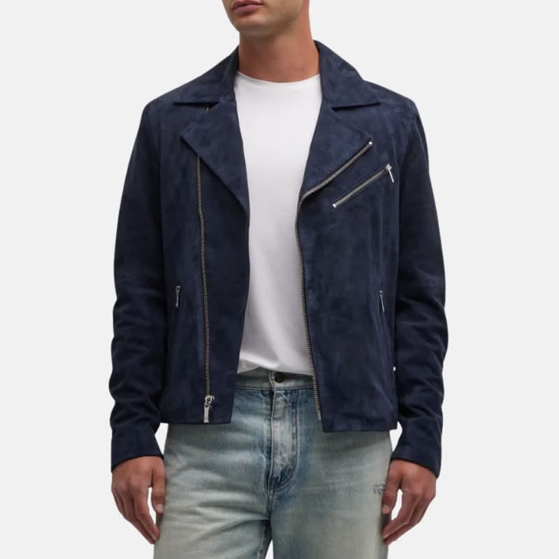 Men's Dark Blue Suede Asymmetrical Jacket
