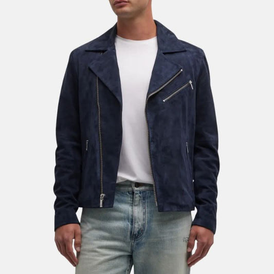 Men's Dark Blue Suede Asymmetrical Jacket