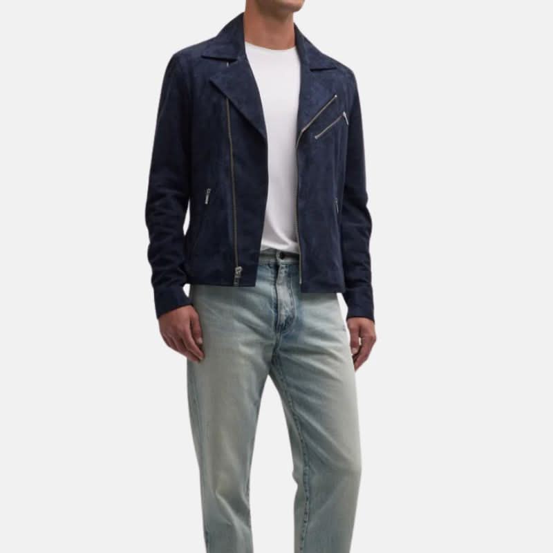 Men's Blue Suede Asymmetrical Moto Jacket
