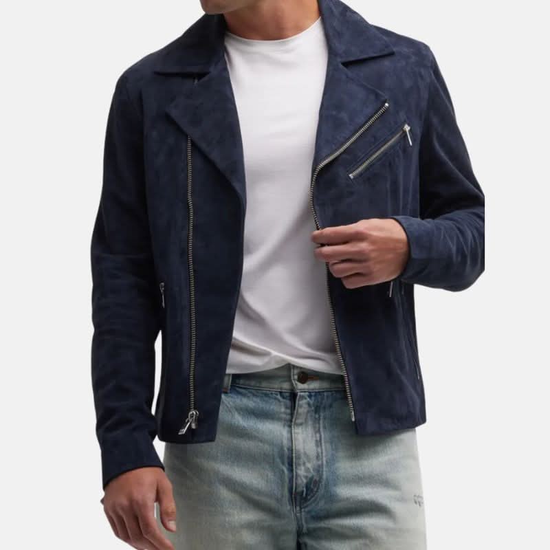 Men's Dark Blue Asymmetrical Moto Jacket