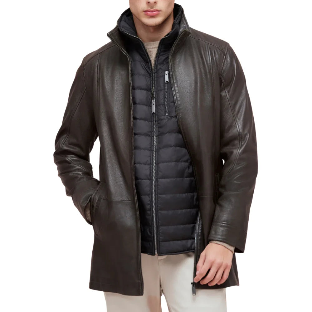 Men’s Dark Brown Lamb Leather Car Coat with Detachable Quilted Vest