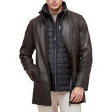 Men’s Dark Brown Lamb Leather Car Coat with Detachable Quilted Vest