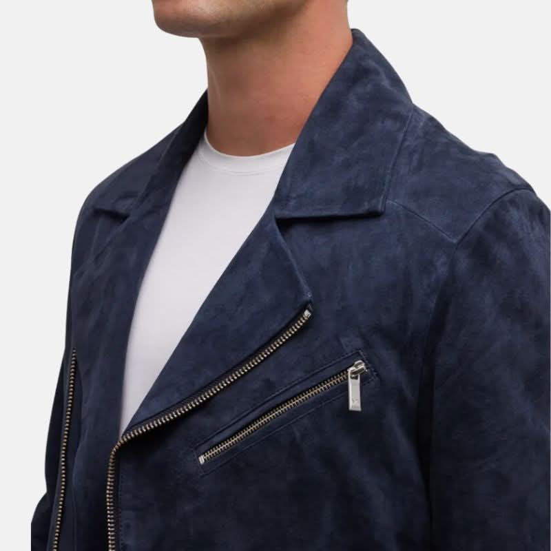 Men's Dark Blue Suede Asymmetrical Biker Jacket