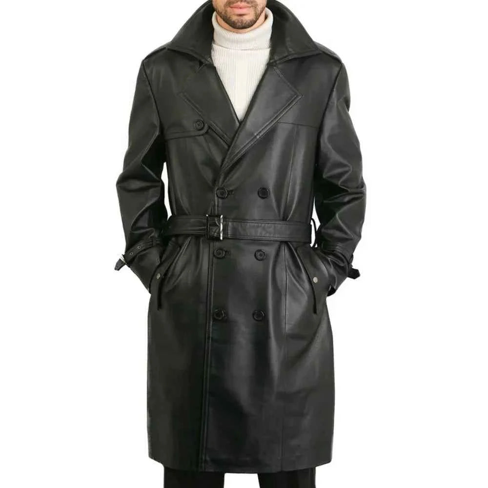 Mens Double Breasted Black Lambskin Leather Trench Coat