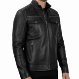 Men's Black Double Pockets Cafe Racer Real Leather Jacket