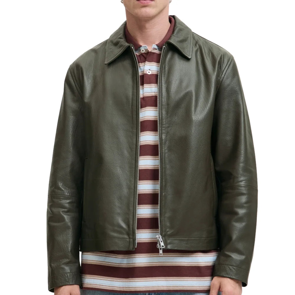 Men's Shirt Collar Olive Green Leather Jacket