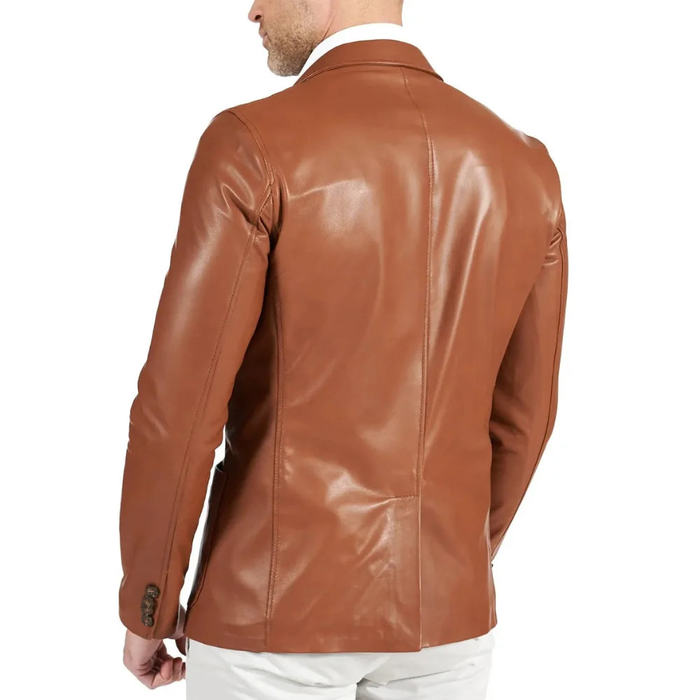Mens Brown Two Button Tan Natural Leather Blazer Jacket - Back View
